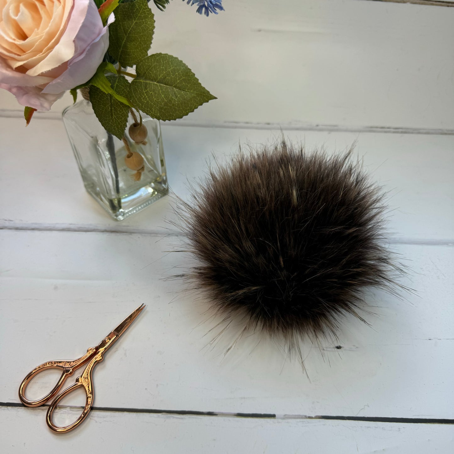 Walnut coloured faux fur pom pom. Detachable option. Handmade - NEW