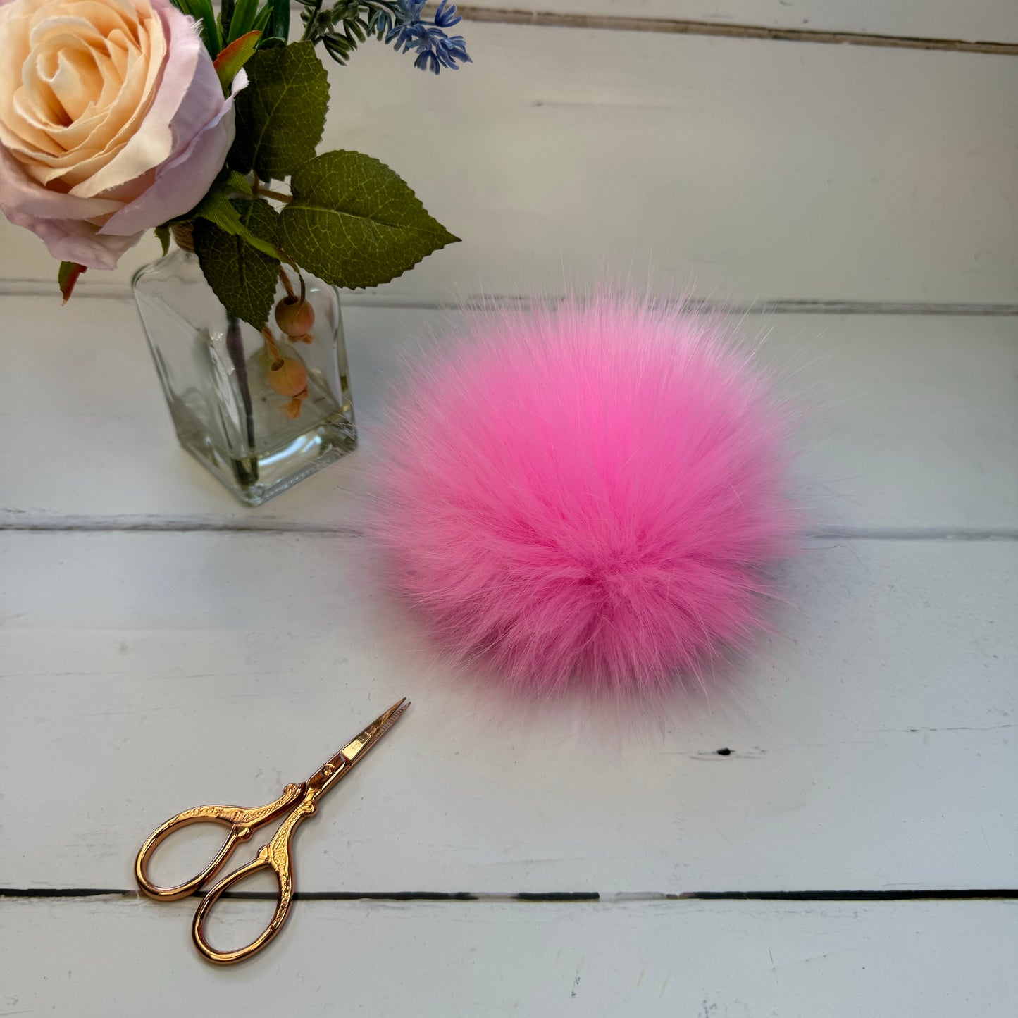 Bubblegum coloured faux fur pom pom. Detachable option. Handmade - NEW