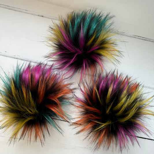 Rainbow Firework coloured faux fur pom pom. Detachable option. Handmade - NEW