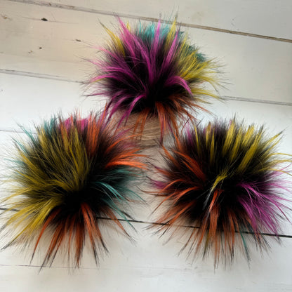 Rainbow Firework coloured faux fur pom pom. Detachable option. Handmade - NEW