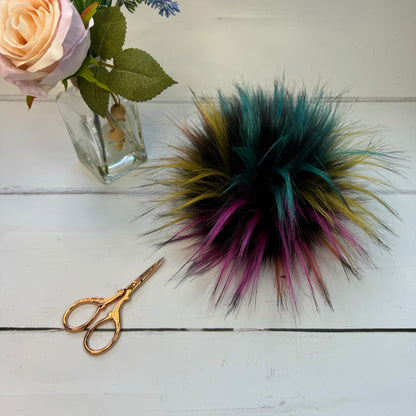 Rainbow Firework coloured faux fur pom pom. Detachable option. Handmade - NEW