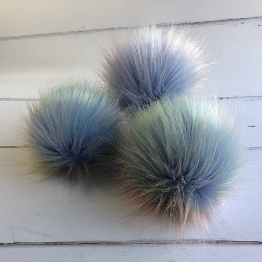 Blue pastel rainbow handmade faux fur pom pom. Detachable option. Handmade